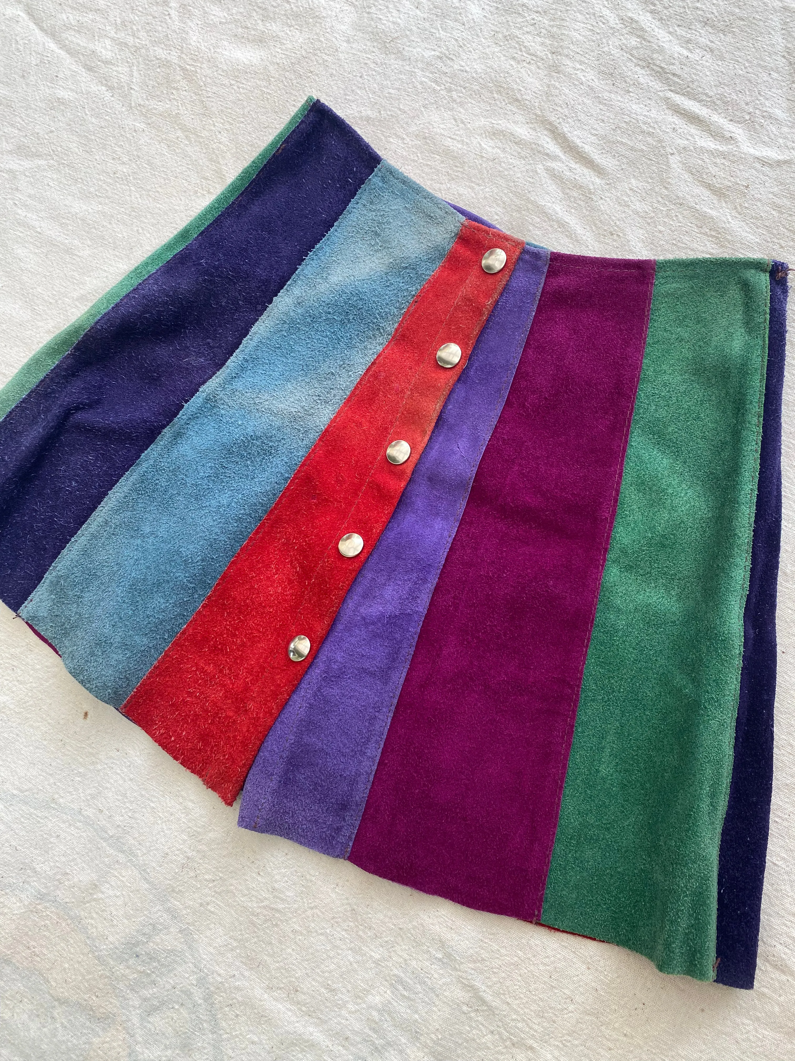 60s 70s colorblock panel suede mini skirt 26” waist