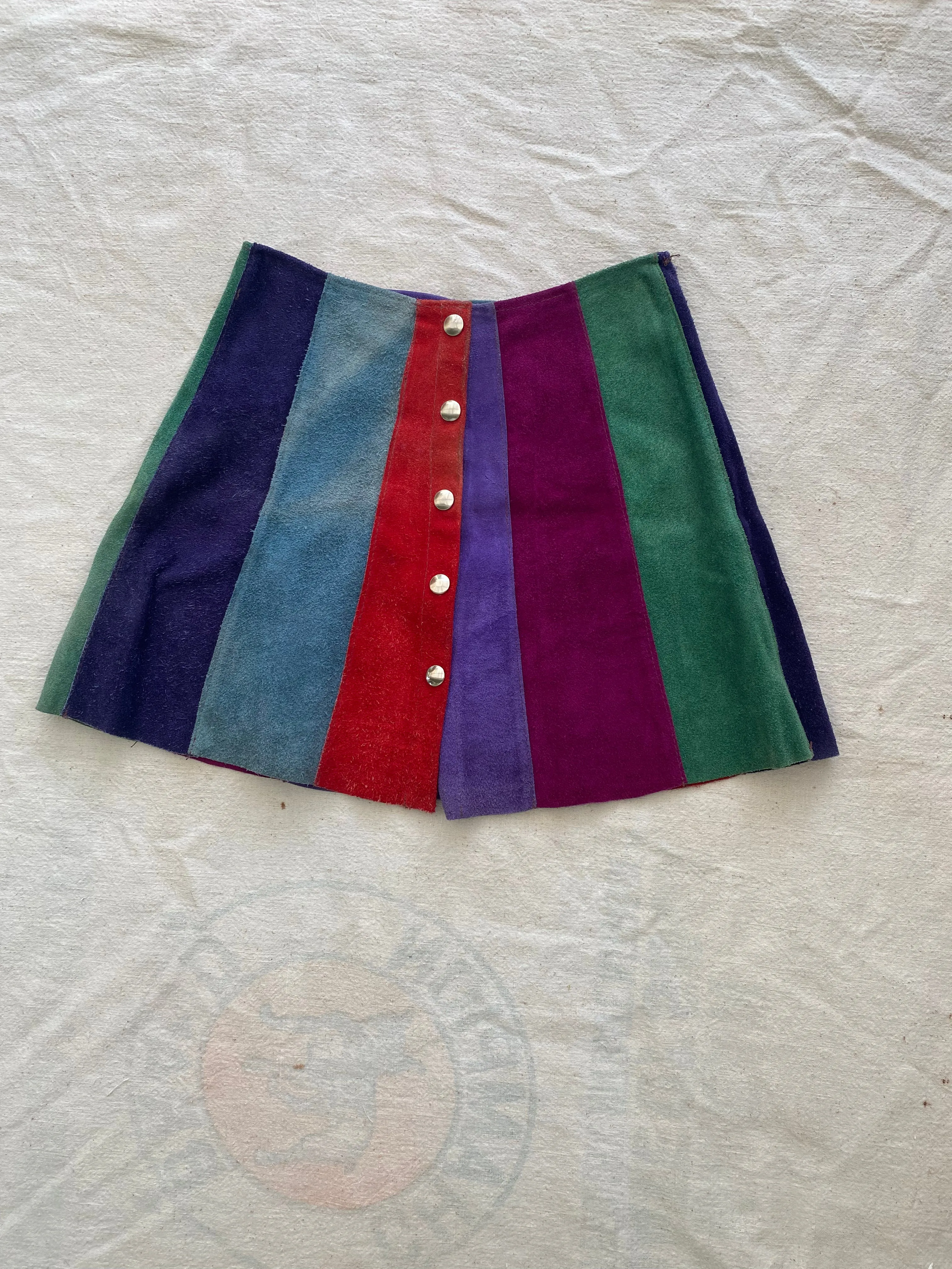 60s 70s colorblock panel suede mini skirt 26” waist