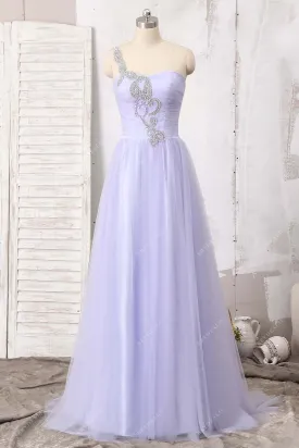 Beaded One Strap Shoulder Lavender Tulle Prom Dress