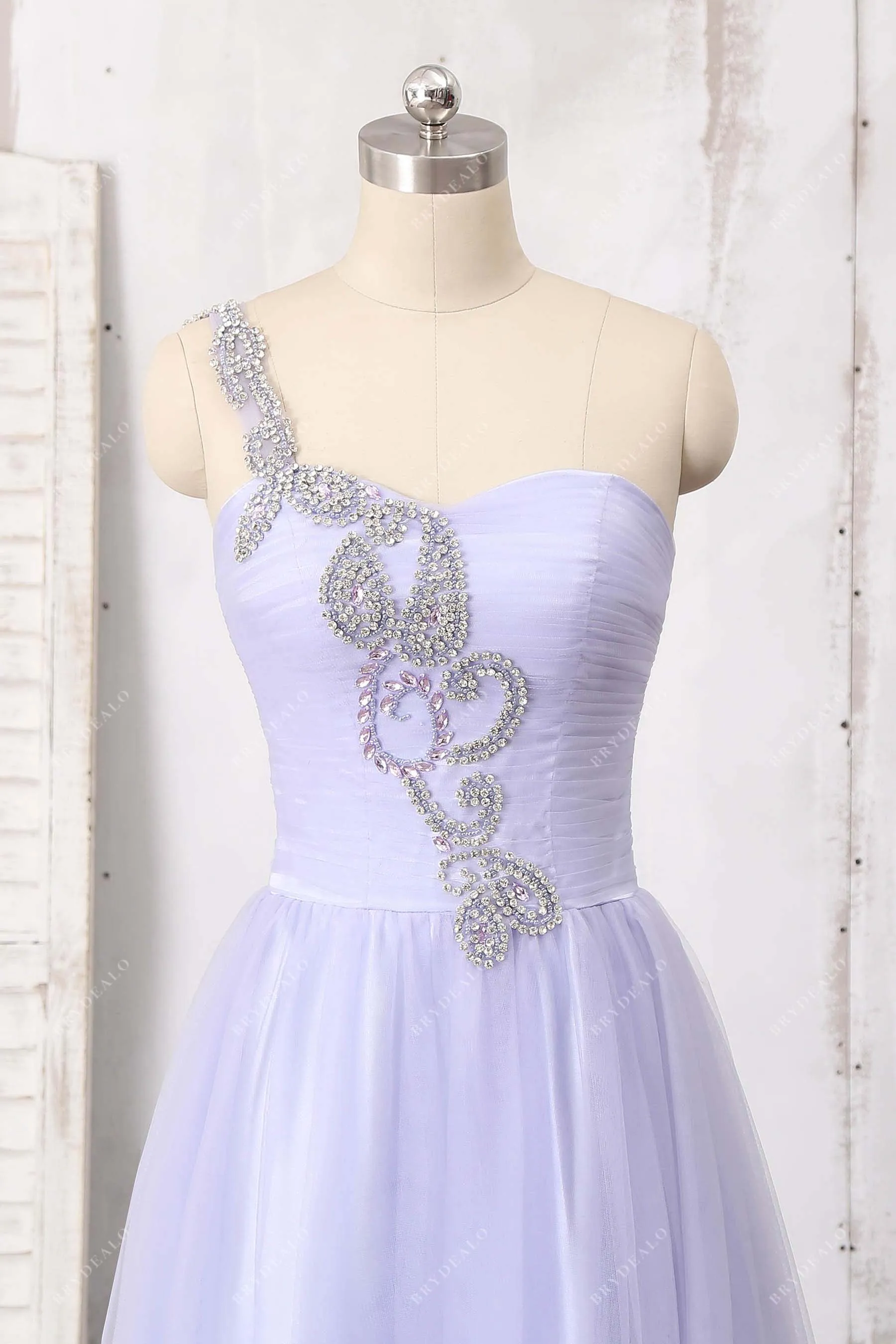 Beaded One Strap Shoulder Lavender Tulle Prom Dress