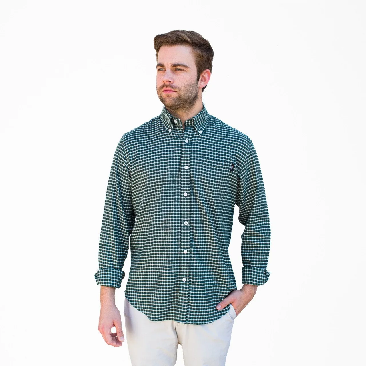 Block Island Flannel - Green & White Graph Check