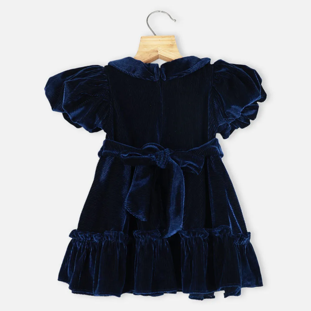 Blue Striped Peter Pan Collar Velvet Dress