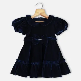 Blue Striped Peter Pan Collar Velvet Dress