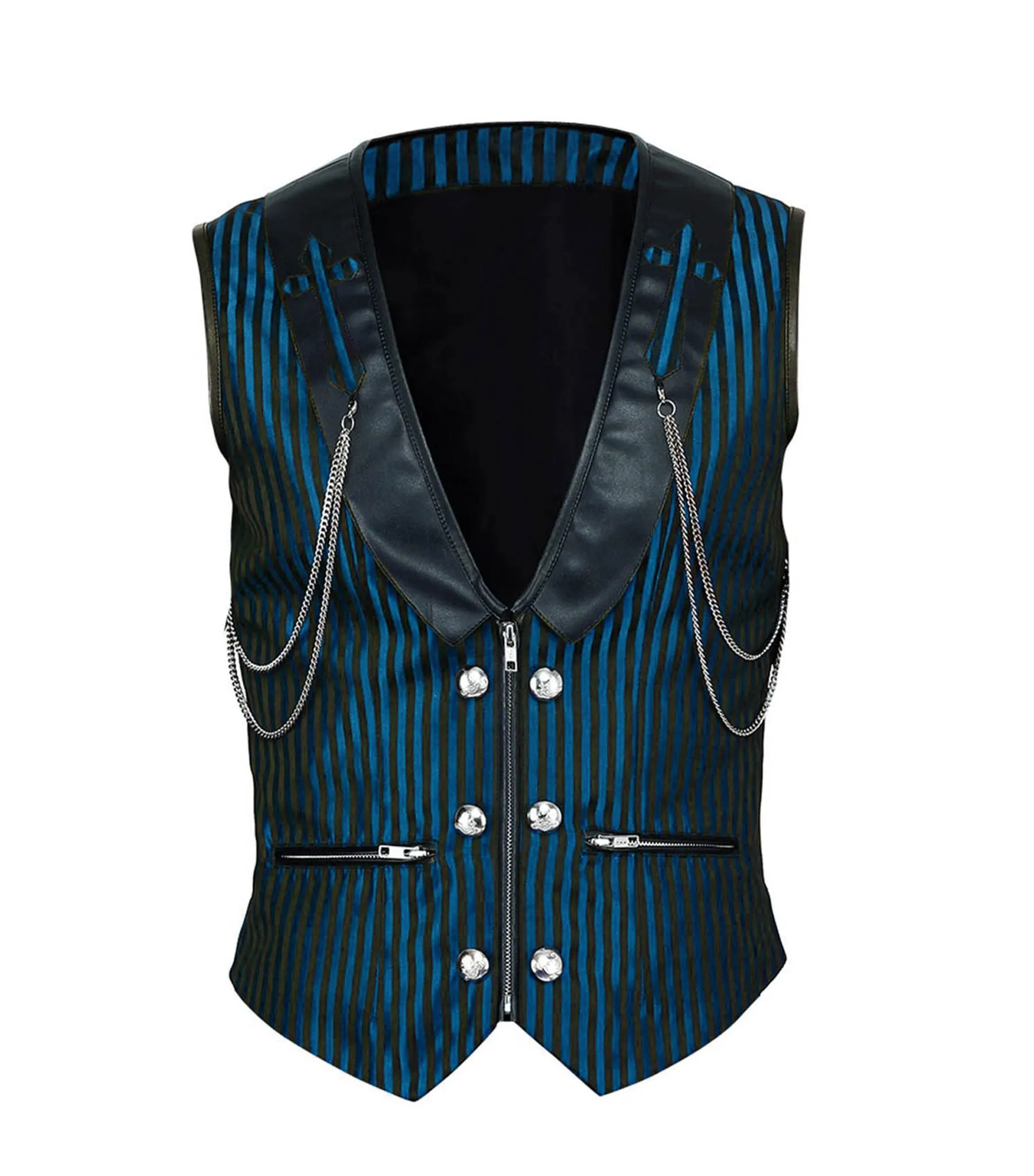 Blue Stripes Brocade Gothic Men's Waist Coat