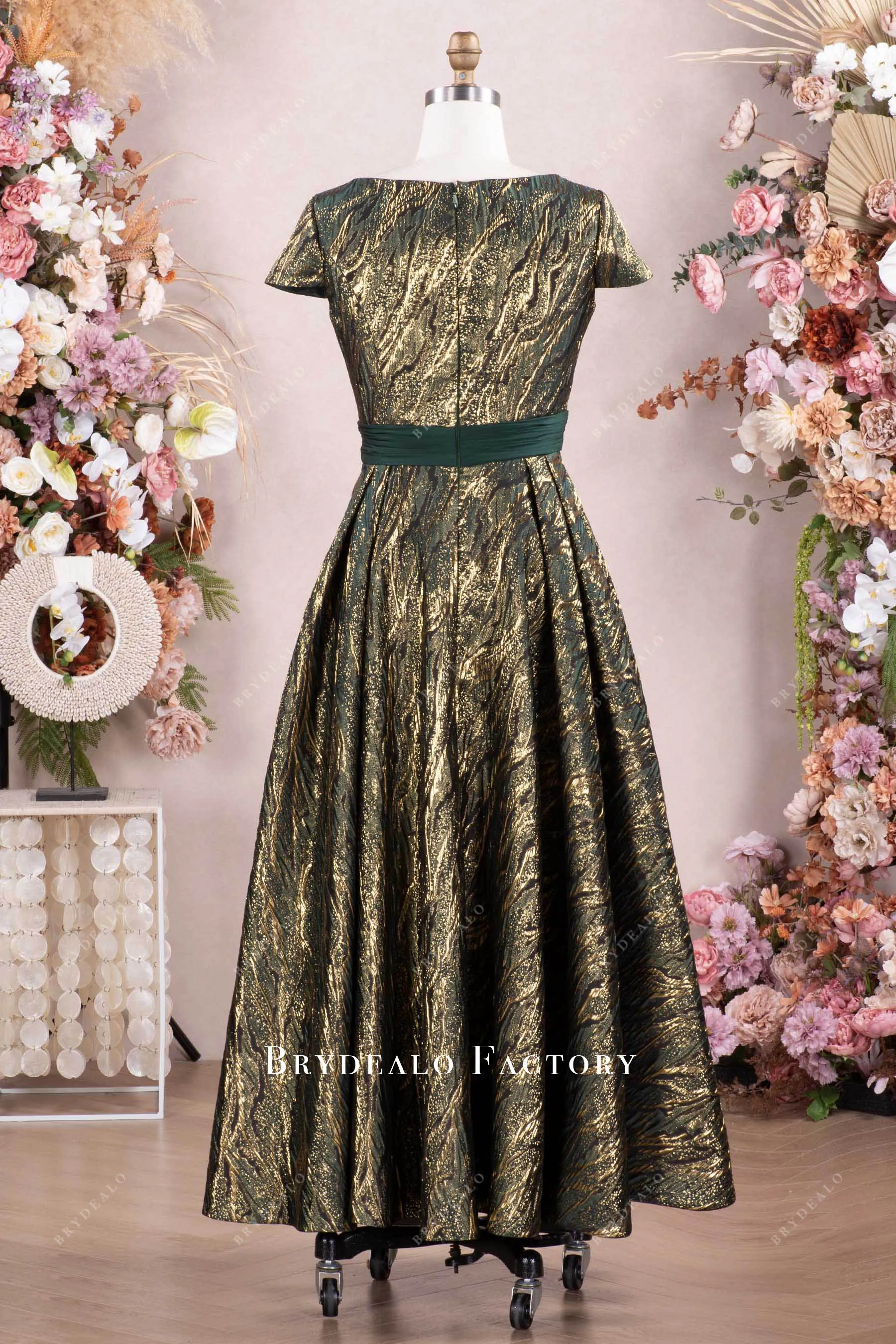 Dark Green Gold Jacquard Satin Mother of Bride Dress