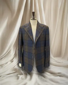 Giacca Blazer in Pura Lana Tartan Marrone e Blu