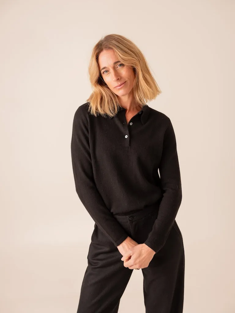 Harpers Emporium Cashmere Long Sleeve Polo in Black