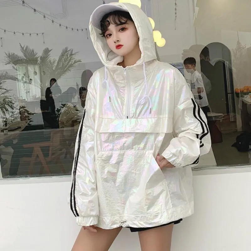 Holographic Windbreaker Sporty Zipper Hooded Jacket