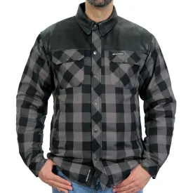 Hot Leathers JKM3203 Men's Motorcycle style Grey and Black Kevlar Reinforced Leather and Plaid Flannel Biker Shirt