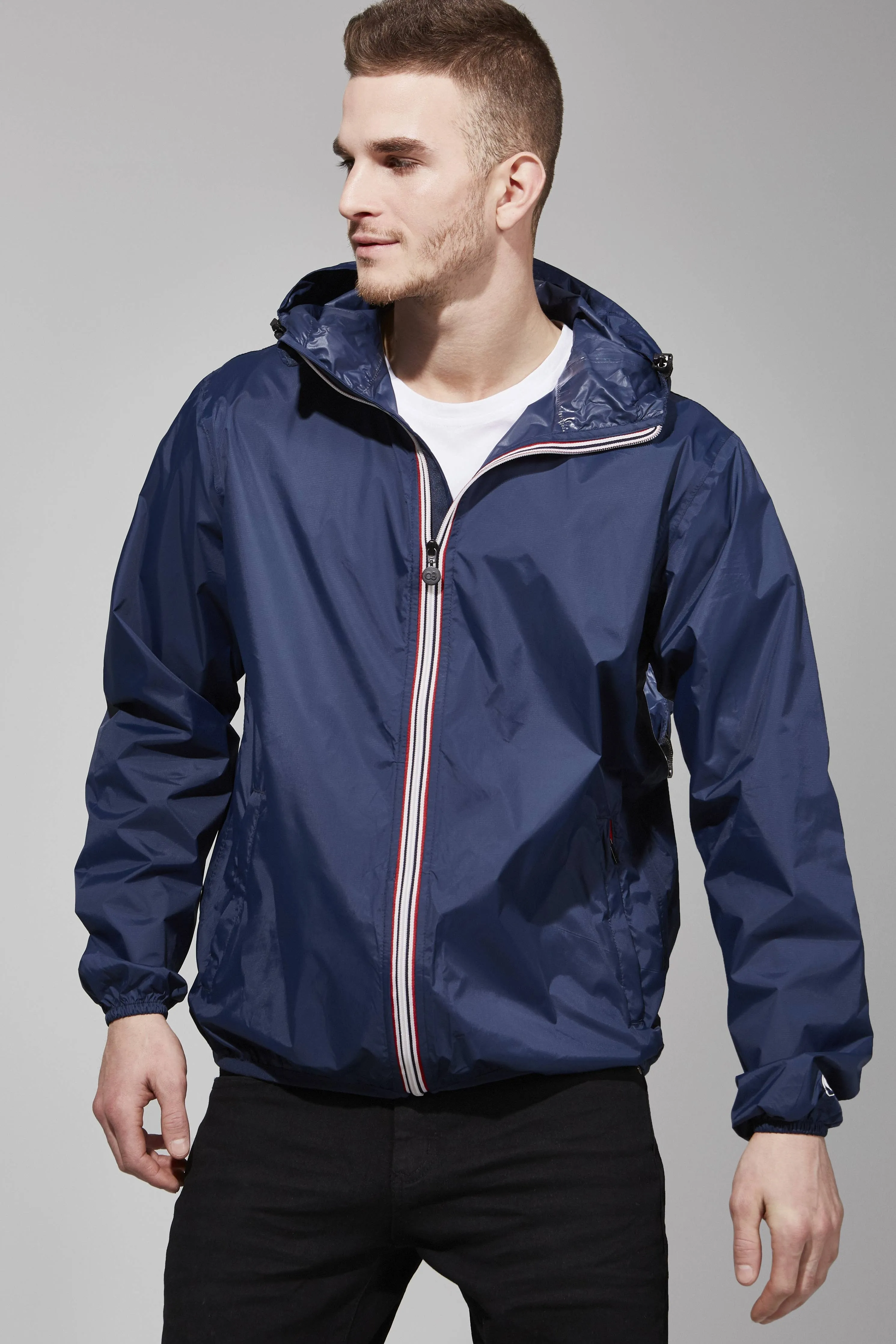 Men's Navy Full Zip Packable Rain Jacket and Windbreaker