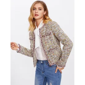 Pearl Beading Braided Tape Trim Tweed Blazer