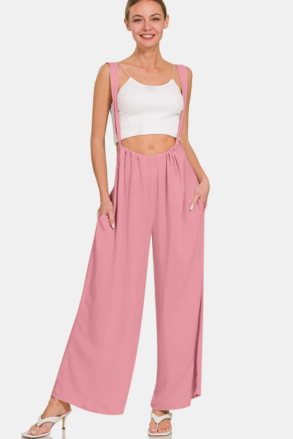 Pocketed Wide Strap Wide Leg Overalls