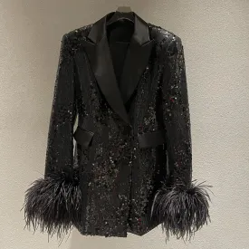 Sequins Black Blazer For Women Notched Collar Long Sleeve Patchwork Feathers Cuff Solid Blazers Female Clothing