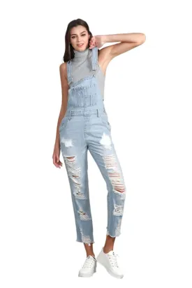 TEEK - Light Wash High Waist Heavy Distressed Straight Overalls