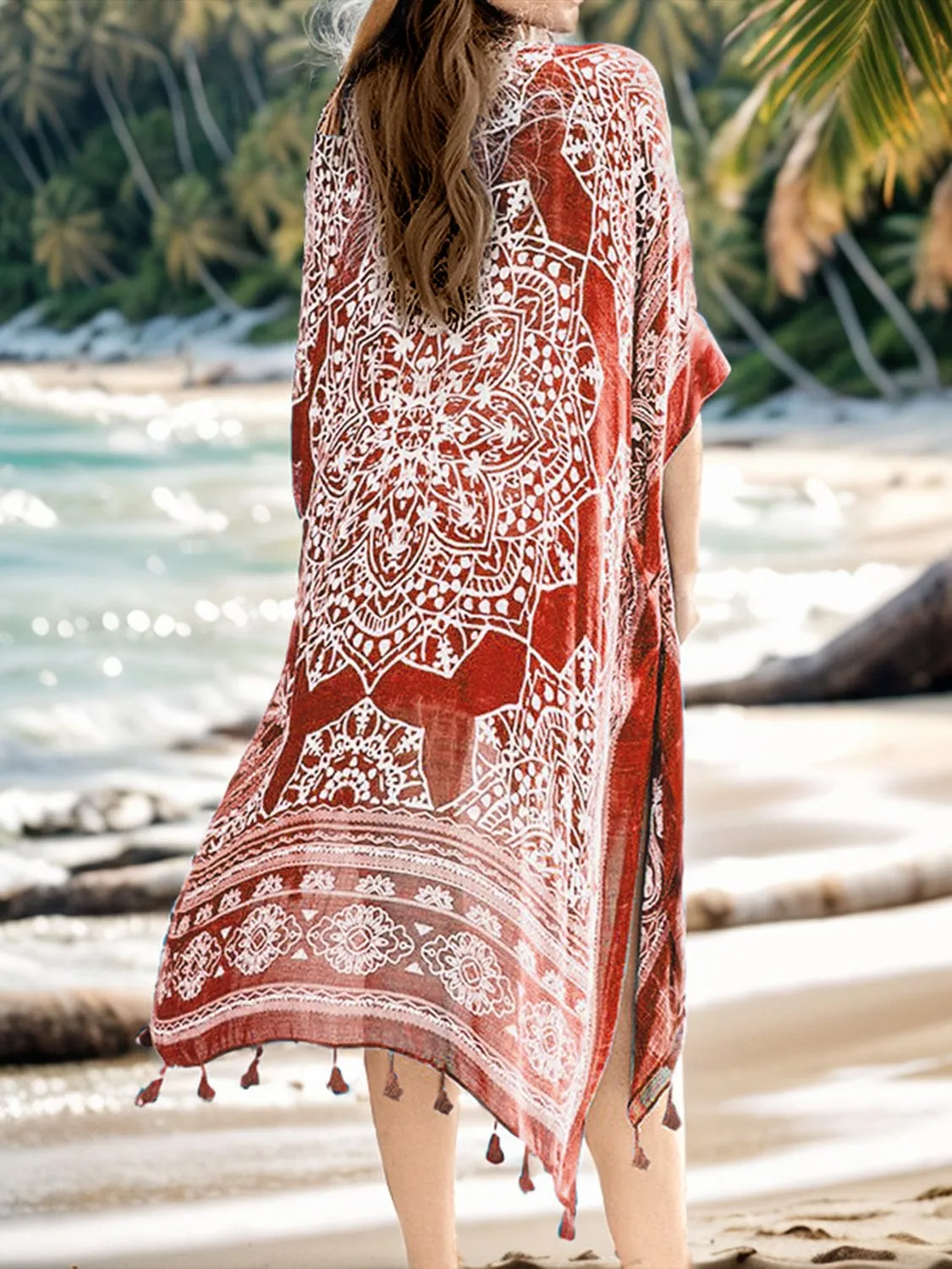 Women's Tassel-Printed Open-Front Cardigan Wrap